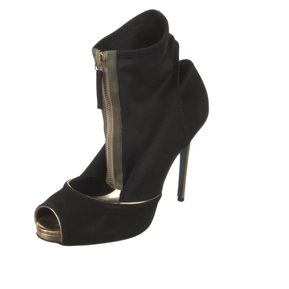 Stella McCartney Suede Pumps Black Peep Toe Stiletto Booties Gold‎ Heel size 7
